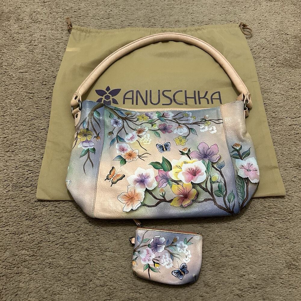 Anuschka Hand Painted Leather Shoulder Bag Purse Butterflies Floral W Coin Pouch